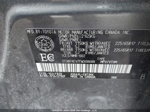 2015 Toyota Rav4 Le მანქანა იყიდება აუქციონზე, vin: 2T3BFREV7FW308688, აუქციონის ნომერი: 12582679