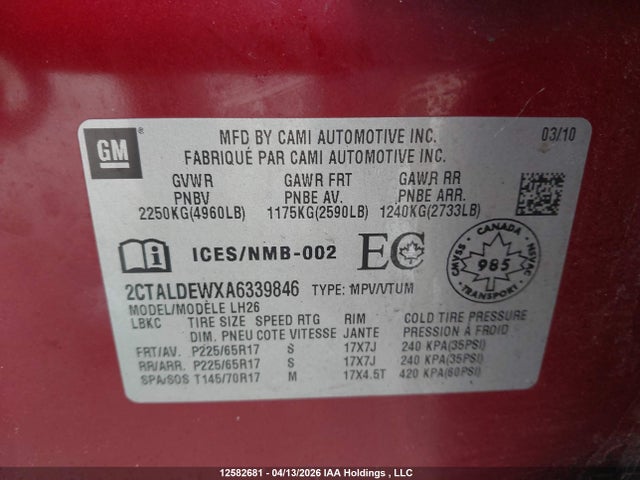 Aukcja sprzedaży 2010 Gmc Terrain Sle, vin: 2CTALDEWXA6339846, numer aukcji: 12582681