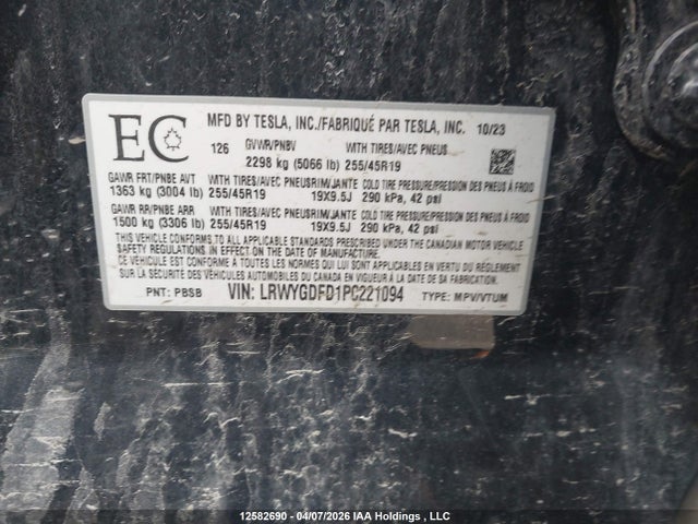 12582690 :رقم المزاد ، LRWYGDFD1PC221094 vin ، 2023 Tesla Model Y Rwd مزاد بيع