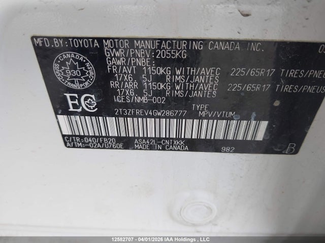 2016 Toyota Rav4 Le მანქანა იყიდება აუქციონზე, vin: 2T3ZFREV4GW286777, აუქციონის ნომერი: 12582707