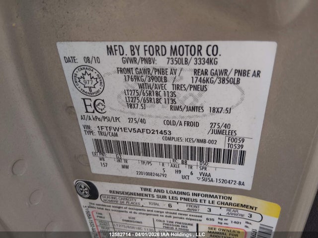 Aukcja sprzedaży 2010 Ford F150 Supercrew, vin: 1FTFW1EV5AFD21453, numer aukcji: 12582714