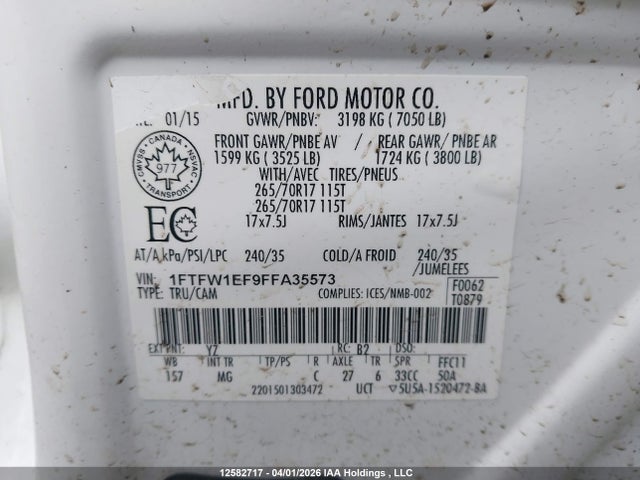 Aukcja sprzedaży 2015 Ford F-150 Xlt, vin: 1FTFW1EF9FFA35573, numer aukcji: 12582717
