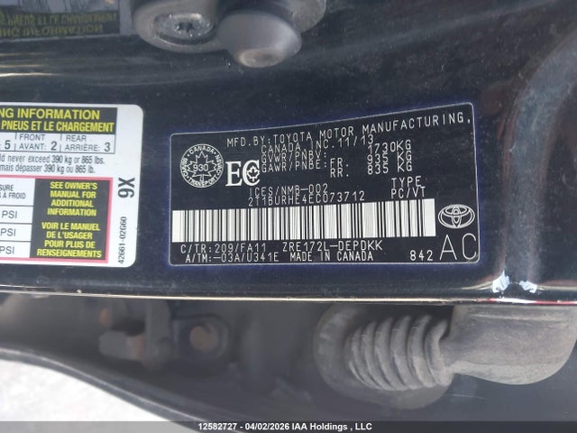 2014 Toyota Corolla L/le/le Pls/prm/s/s Pls მანქანა იყიდება აუქციონზე, vin: 2T1BURHE4EC073712, აუქციონის ნომერი: 12582727