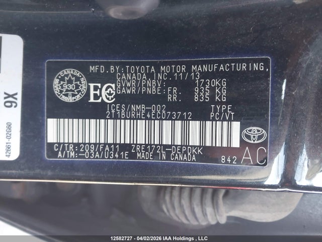 2014 Toyota Corolla L/le/le Pls/prm/s/s Pls მანქანა იყიდება აუქციონზე, vin: 2T1BURHE4EC073712, აუქციონის ნომერი: 12582727