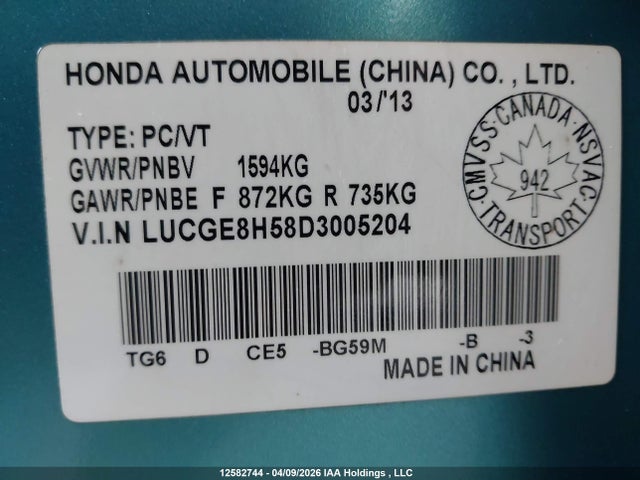 Aukcja sprzedaży 2013 Honda Fit Lx, vin: LUCGE8H58D3005204, numer aukcji: 12582744