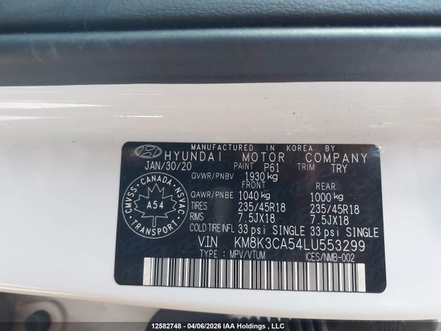 Aukcja sprzedaży 2020 Hyundai Kona, vin: KM8K3CA54LU553299, numer aukcji: 12582748