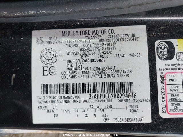 12582749 :رقم المزاد ، 3FAHP0CG2BR294646 vin ، 2011 Ford Fusion Sel مزاد بيع