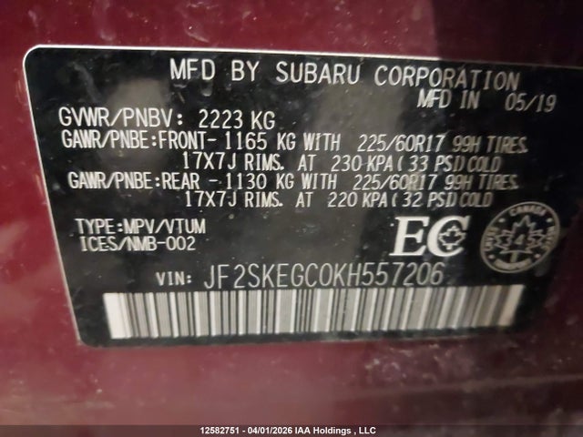 JF2SKEGC0KH557206 Subaru Forester Premium