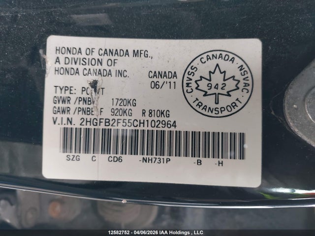 Продаж на аукціоні авто 2012 Honda Civic, vin: 2HGFB2F55CH102964, номер лоту: 12582752