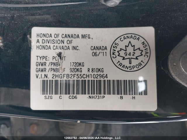 Продаж на аукціоні авто 2012 Honda Civic, vin: 2HGFB2F55CH102964, номер лоту: 12582752
