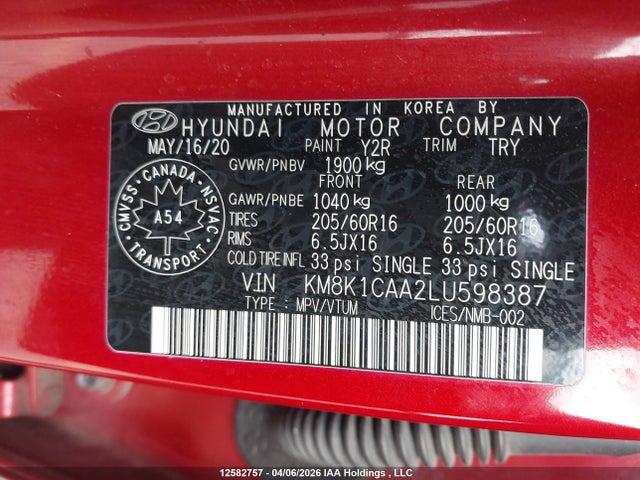 12582757 :رقم المزاد ، KM8K1CAA2LU598387 vin ، 2020 Hyundai Kona مزاد بيع