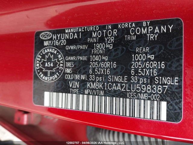 12582757 :رقم المزاد ، KM8K1CAA2LU598387 vin ، 2020 Hyundai Kona مزاد بيع