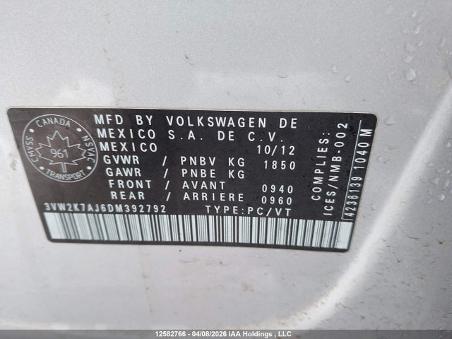 12582766 :رقم المزاد ، 3VW2K7AJ6DM392792 vin ، 2013 Volkswagen Jetta 2.0l Trendline/2.0l Trendline+ مزاد بيع