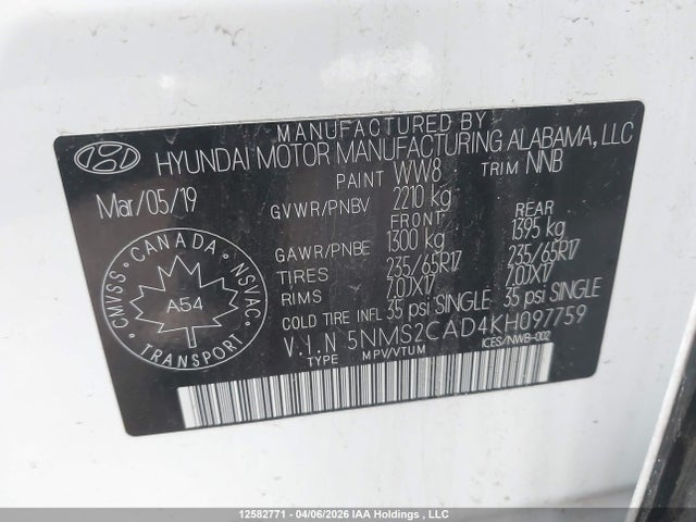 Aukcja sprzedaży 2019 Hyundai Santa Fe Se, vin: 5NMS2CAD4KH097759, numer aukcji: 12582771