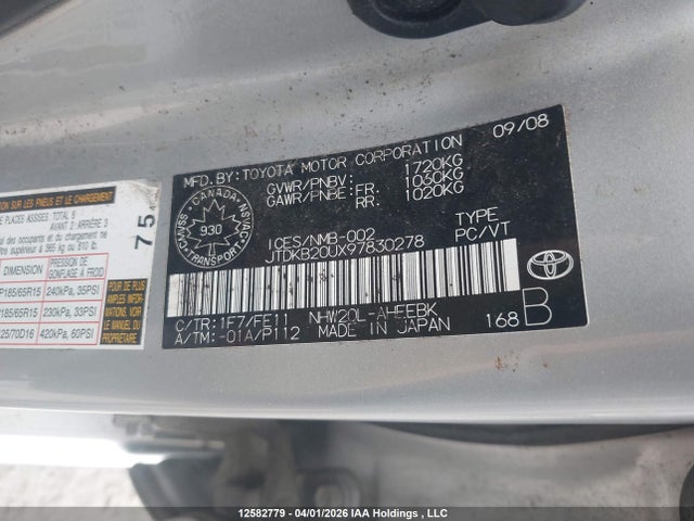 12582779 :رقم المزاد ، JTDKB20UX97830278 vin ، 2009 Toyota Prius مزاد بيع
