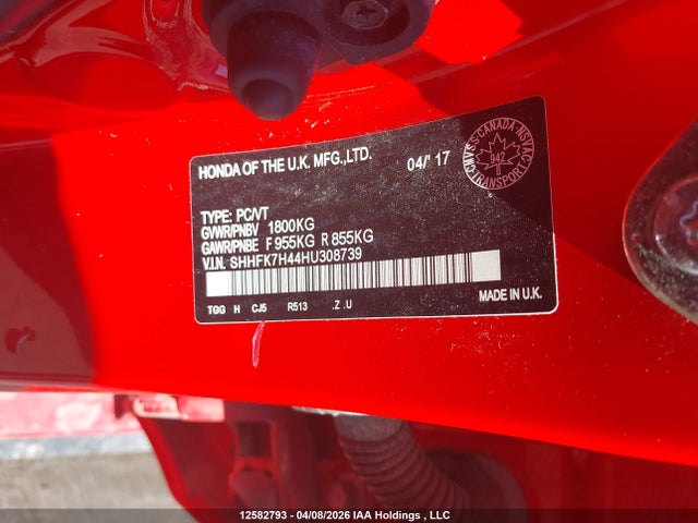 12582793 :رقم المزاد ، SHHFK7H44HU308739 vin ، 2017 Honda Civic مزاد بيع
