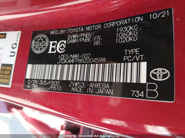 12582796 :رقم المزاد ، JTDKAMFP8N3204598 vin ، 2022 Toyota Prius Prime مزاد بيع