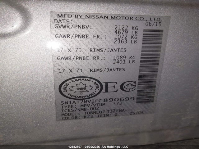 Продаж на аукціоні авто 2015 Nissan Rogue S/sl/sv, vin: 5N1AT2MV1FC890699, номер лоту: 12582807
