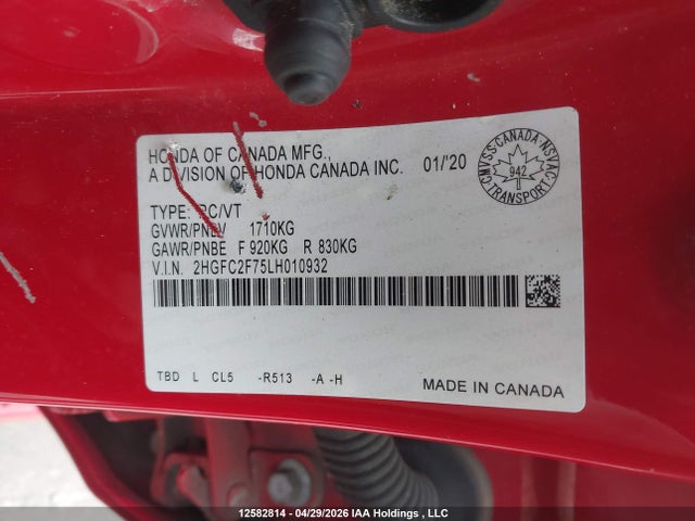 Aukcja sprzedaży 2020 Honda Civic Ex, vin: 2HGFC2F75LH010932, numer aukcji: 12582814