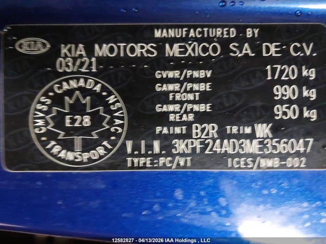Aukcja sprzedaży 2021 Kia Forte, vin: 3KPF24AD3ME356047, numer aukcji: 12582827