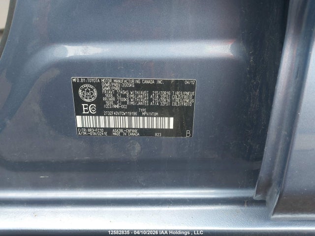 2012 Toyota Rav4 მანქანა იყიდება აუქციონზე, vin: 2T3ZF4DV7CW119196, აუქციონის ნომერი: 12582835