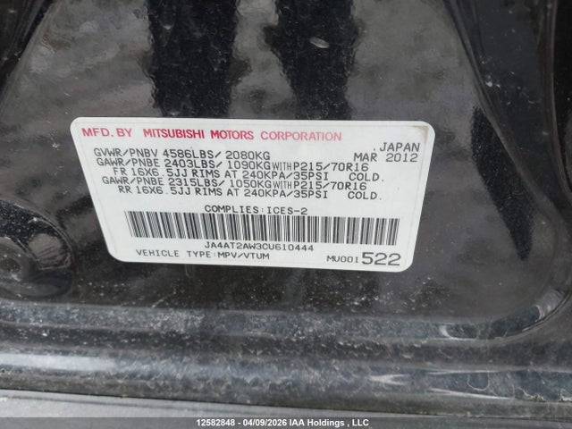 Aukcja sprzedaży 2012 Mitsubishi Outlander, vin: JA4AT2AW3CU610444, numer aukcji: 12582848