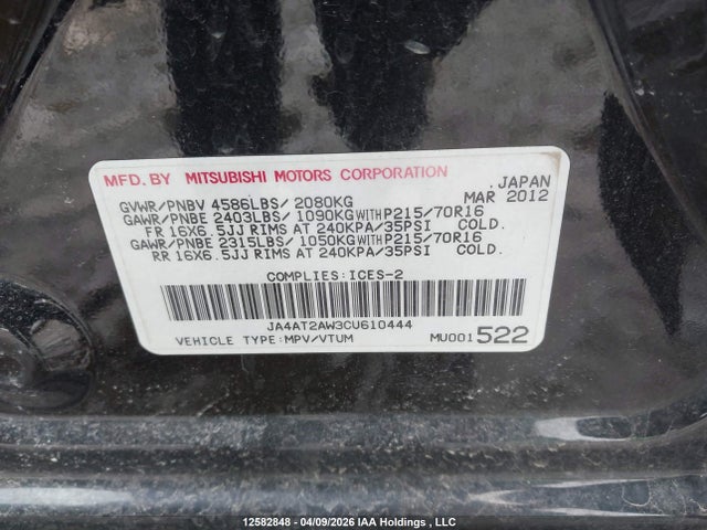 Aukcja sprzedaży 2012 Mitsubishi Outlander, vin: JA4AT2AW3CU610444, numer aukcji: 12582848
