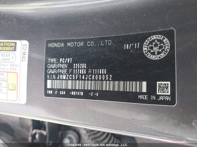 JHMZC5F14JC800052 Honda CLARITY PLUG-IN HYBRID