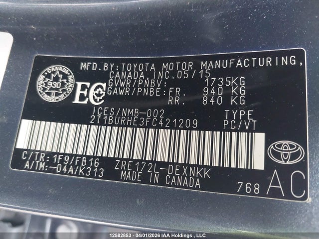 2015 Toyota Corolla Le მანქანა იყიდება აუქციონზე, vin: 2T1BURHE3FC421209, აუქციონის ნომერი: 12582853