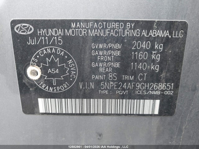 5NPE24AF9GH268651 Hyundai SONATA GL