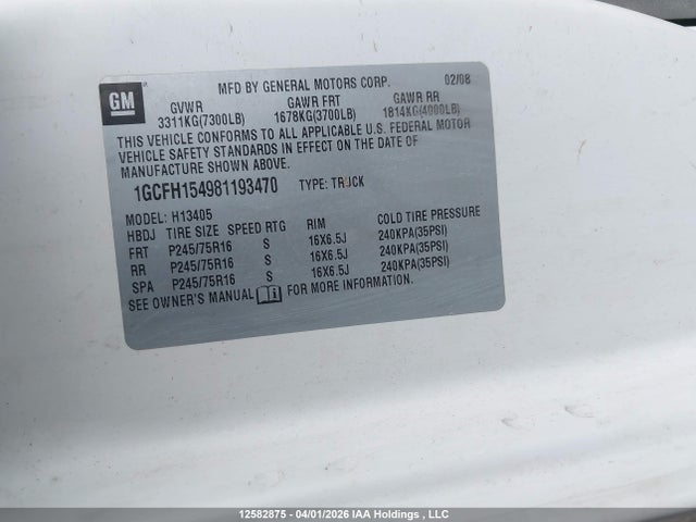 2008 Chevrolet Express G1500 მანქანა იყიდება აუქციონზე, vin: 1GCFH154981193470, აუქციონის ნომერი: 12582875