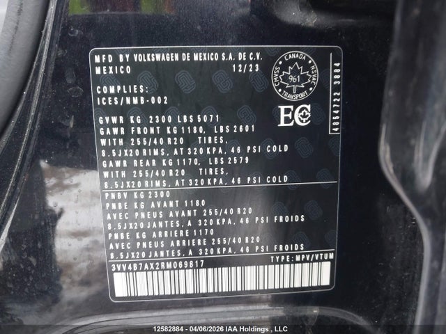 12582884 :رقم المزاد ، 3VV4B7AX2RM069817 vin ، 2024 Volkswagen Tiguan Highline R-line مزاد بيع