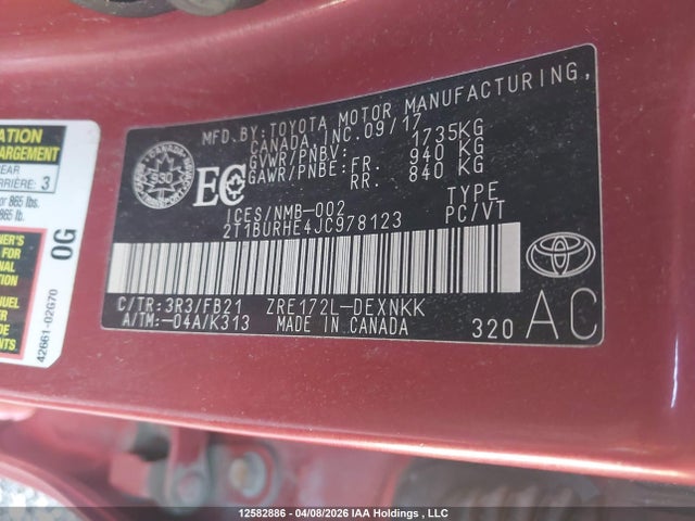 2T1BURHE4JC978123 Toyota COROLLA LE