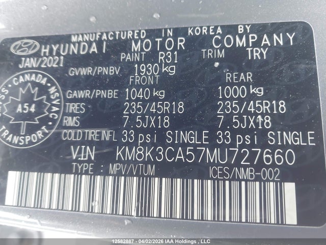 KM8K3CA57MU727660 Hyundai Kona Limited