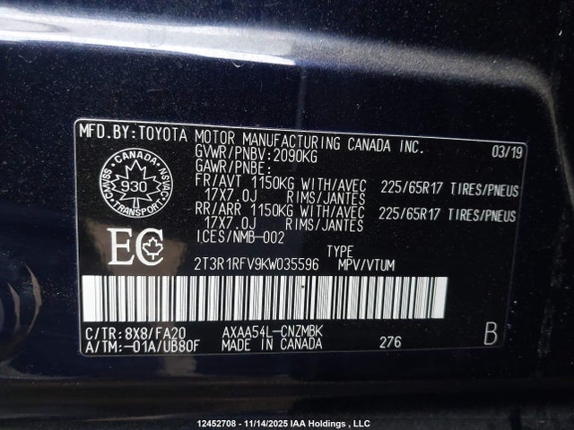 Aukcja sprzedaży 2019 Toyota Rav4 Xle, vin: 2T3R1RFV9KW035596, numer aukcji: 12452708
