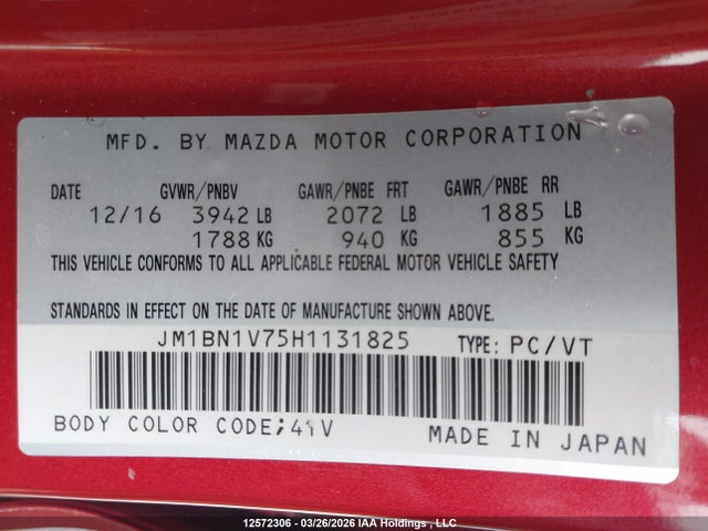 Продажа на аукционе авто 2017 Mazda Mazda3 Gs, vin: JM1BN1V75H1131825, номер лота: 12572306