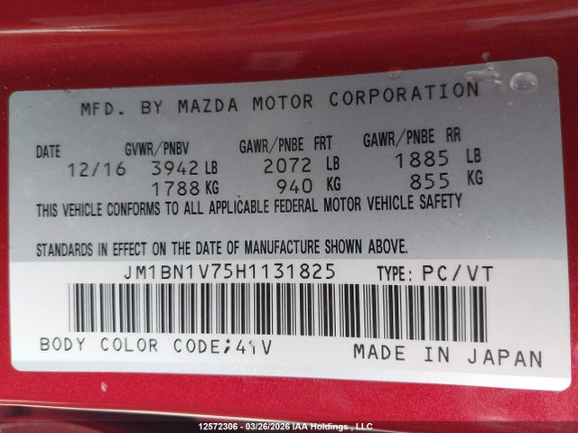 Продажа на аукционе авто 2017 Mazda Mazda3 Gs, vin: JM1BN1V75H1131825, номер лота: 12572306
