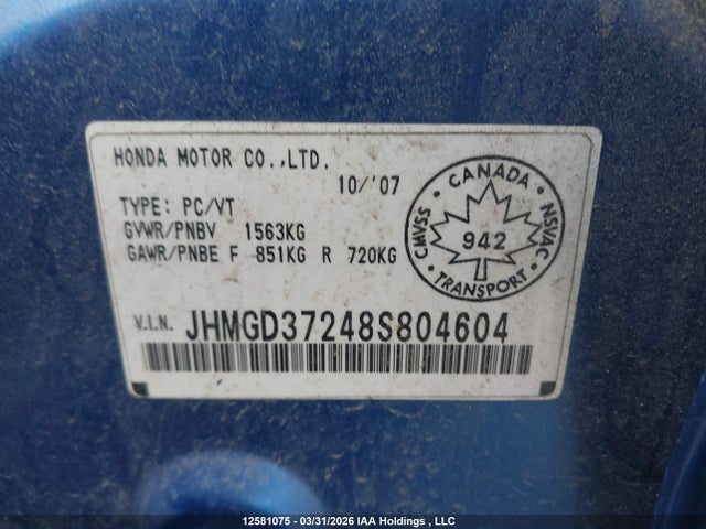 12581075 :رقم المزاد ، JHMGD37248S804604 vin ، 2008 Honda Fit Dx مزاد بيع