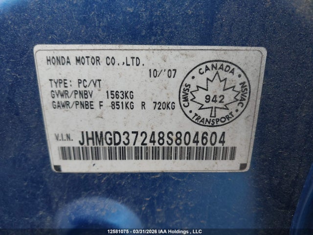 12581075 :رقم المزاد ، JHMGD37248S804604 vin ، 2008 Honda Fit Dx مزاد بيع