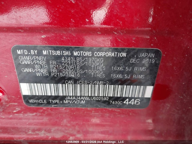 12582909 :رقم المزاد ، JA4AJ4AW9LU602592 vin ، 2020 Mitsubishi Rvr Se/sel/limited/gt مزاد بيع
