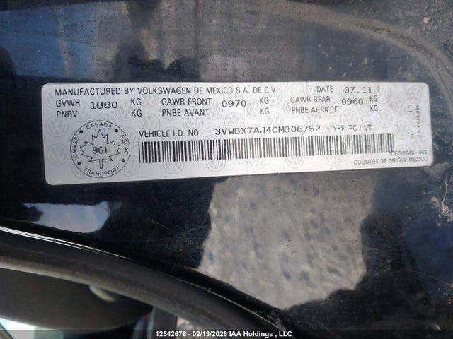 12542676 :رقم المزاد ، 3VWBX7AJ4CM306752 vin ، 2012 Volkswagen Jetta 2.5l Comfortline/2.5l Sportline مزاد بيع