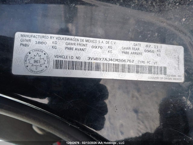 12542676 :رقم المزاد ، 3VWBX7AJ4CM306752 vin ، 2012 Volkswagen Jetta 2.5l Comfortline/2.5l Sportline مزاد بيع