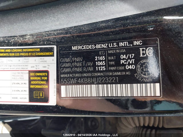 Auction sale of the 2017 Mercedes-benz C 300 4matic, vin: 55SWF4KB8HU223221, lot number: 12582910