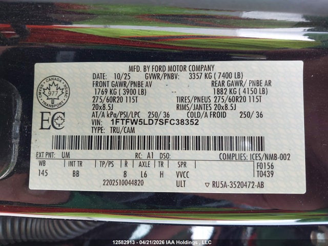 Ford F150 Lariat 2025 1FTFW5LD7SFC38352 Image 9