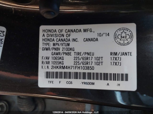 Aukcja sprzedaży 2015 Honda Cr-v Ex-l, vin: 2HKRM4H71FH103850, numer aukcji: 12582914