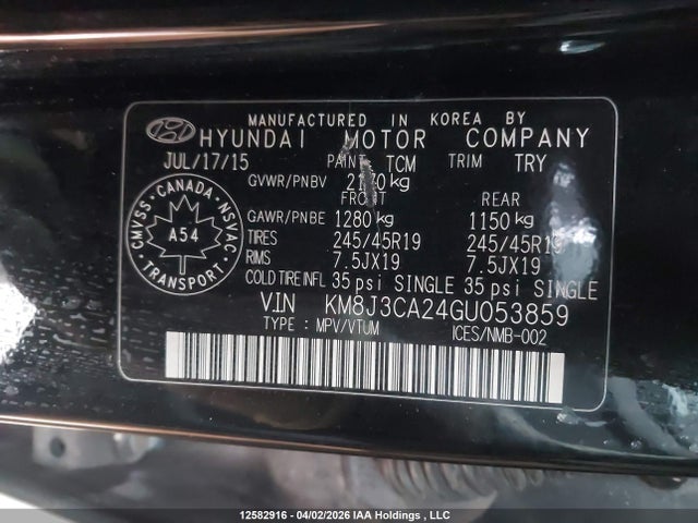12582916 :رقم المزاد ، KM8J3CA24GU053859 vin ، 2016 Hyundai Tucson Limited/sport And Eco/se مزاد بيع
