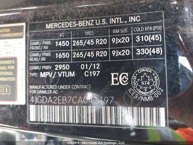 Продаж на аукціоні авто 2012 Mercedes-benz Ml 350 Bluetec, vin: 4JGDA2EB7CA043197, номер лоту: 12582918