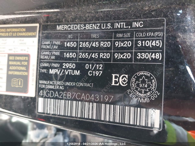 Продаж на аукціоні авто 2012 Mercedes-benz Ml 350 Bluetec, vin: 4JGDA2EB7CA043197, номер лоту: 12582918
