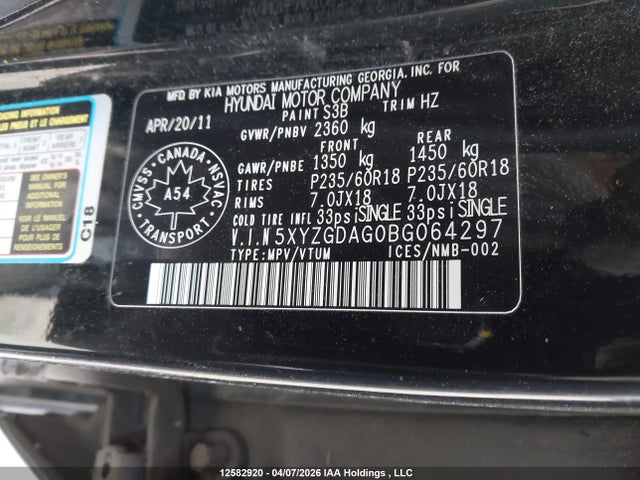 12582920 :رقم المزاد ، 5XYZGDAG0BG064297 vin ، 2011 Hyundai Santa Fe Gl 3.5 Sport مزاد بيع