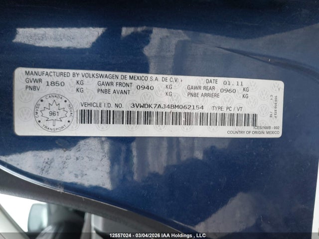 Продажа на аукционе авто 2011 Volkswagen Jetta 2.0l Comfortline, vin: 3VWDK7AJ4BM062154, номер лота: 12557024
